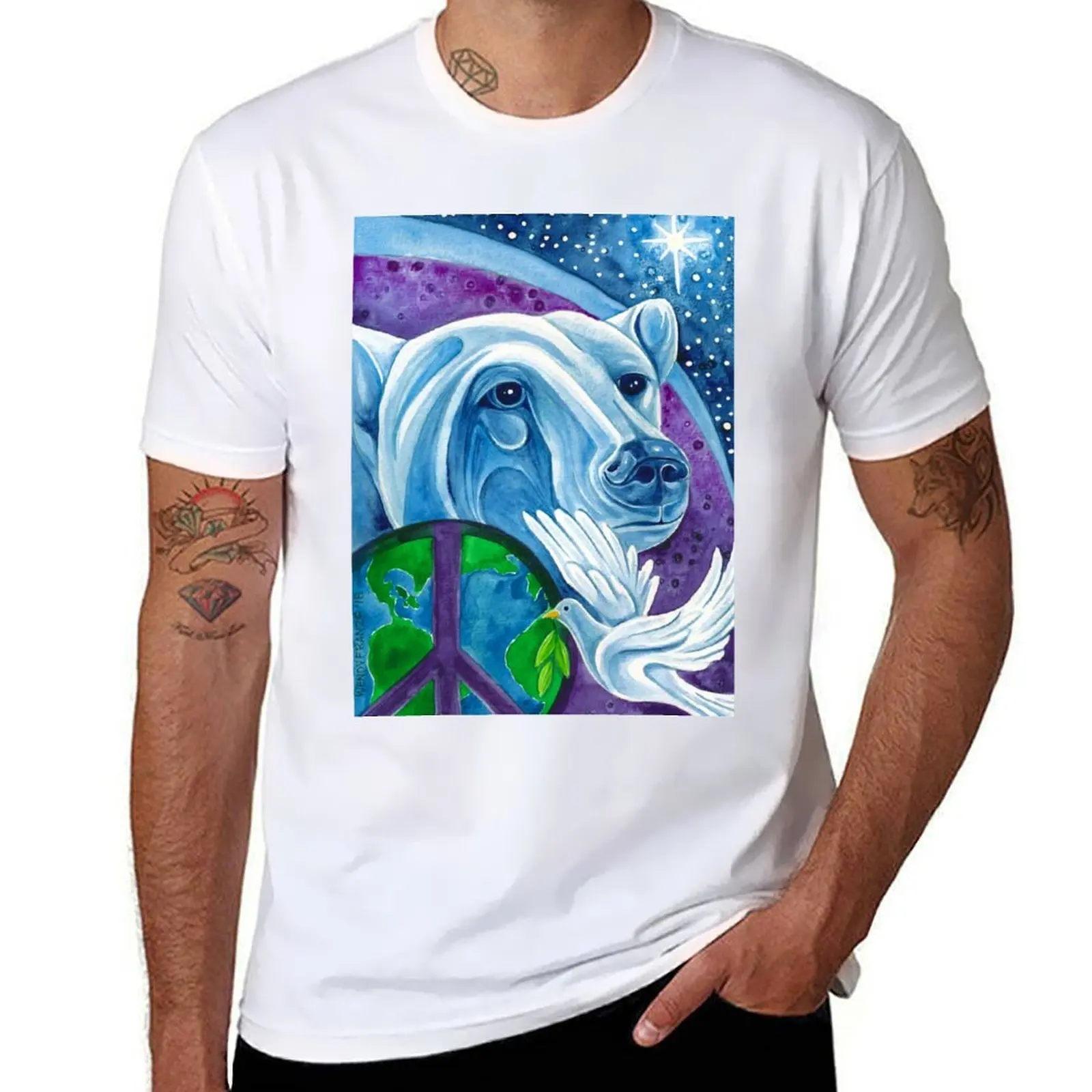 

Peace on Earth, Christmas Polar Bear T-Shirt man graphic t shirt cotton tshirt 100% T-Shirt