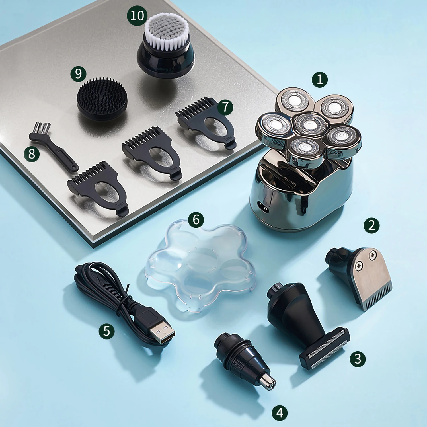 Мужская электробритва 5 в 1, перезаряжаемая беспроводная бритва для лысины, водостойкий влажный и сухой триммер для бороды