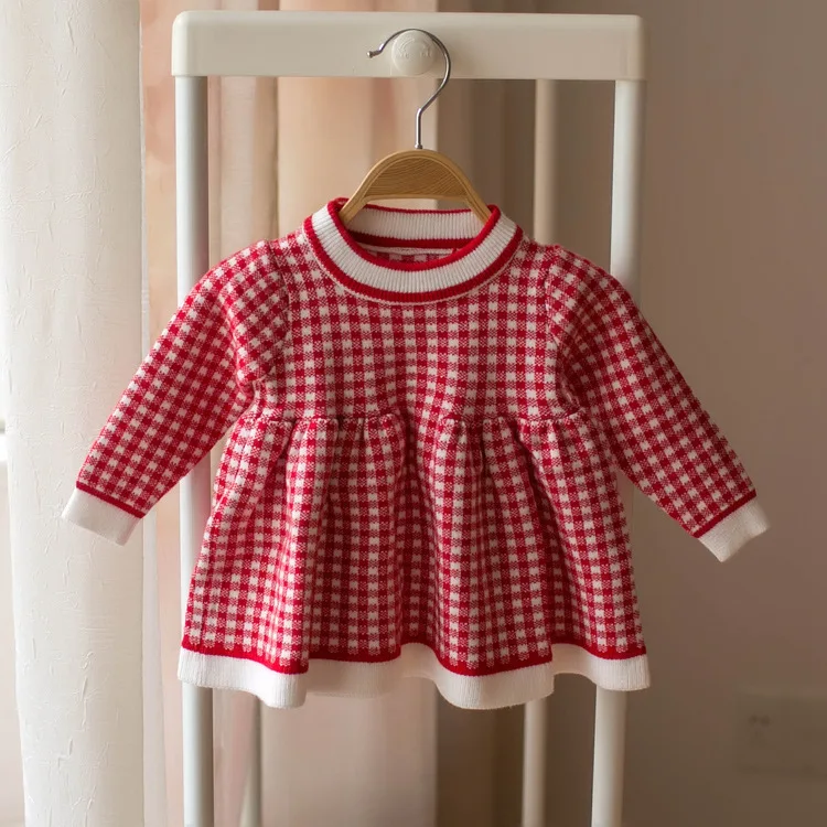 Neues kariertes, bedrucktes, langärmeliges, farbblockiertes, süßes und niedliches, modisches, warmes Mini-Wollkleid für Mädchen im Herbst und Winter. – Detail 15
