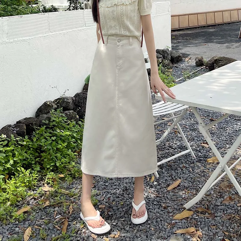 กระโปรงทรงเอเอวสูงผ่าข้างสำหรับสาวพลัสไซส์ ผ้ายีนส์สีขาว เนื้อผ้าฝ้ายแท้ เหมาะสำหรับเดินทางไปทำงาน