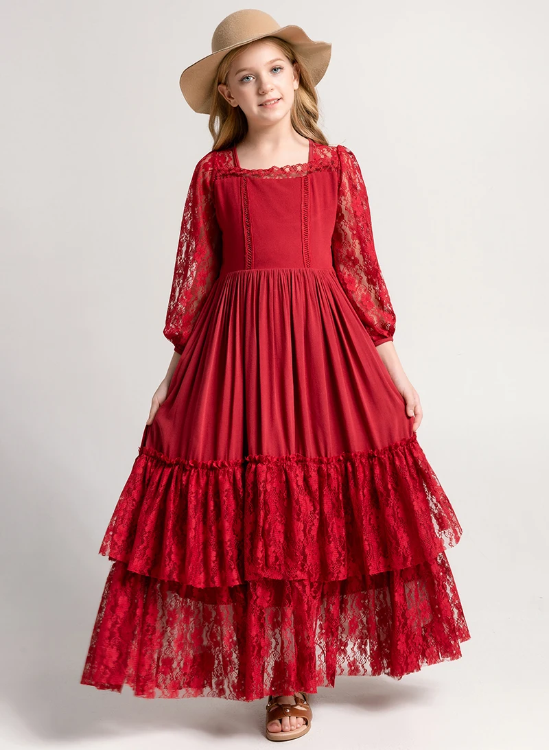 Spring And Autumn New Long Medium And Big Girls Dresses Long Lantern Sleeves Want To Embroider Girls Wedding Flower Girl Dresses