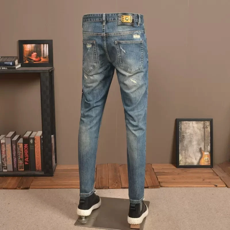 Street Fashion Men Jeans Retro Blue Elastic Embroidery Patchwork Skinny Ripped Jeans Men Patches Designer Hip Hop Pants Hombre