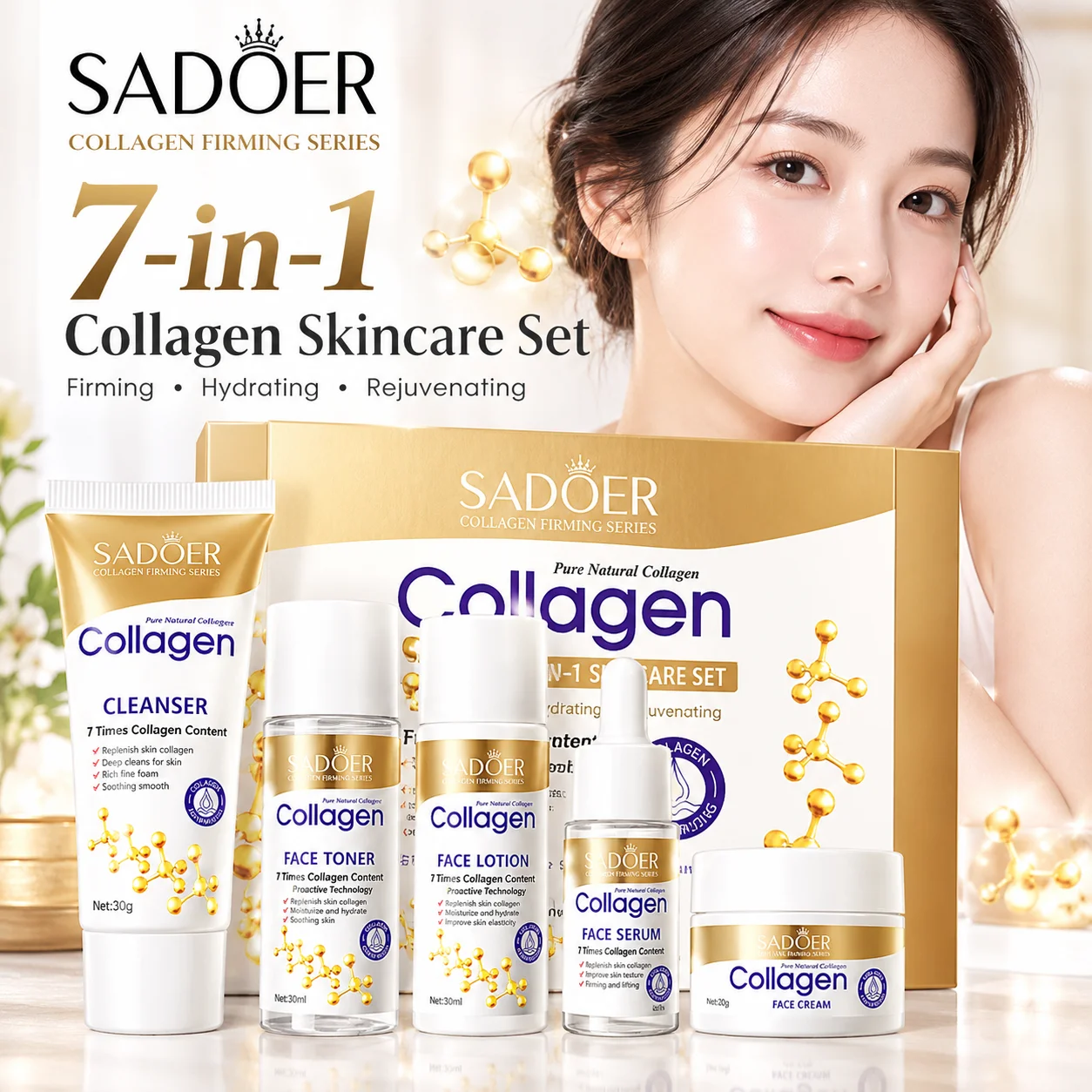 Collagen Care Set - Firming Face Cream Hydrating Eye Cream Smoothing Facial Serum & Essence Kit
