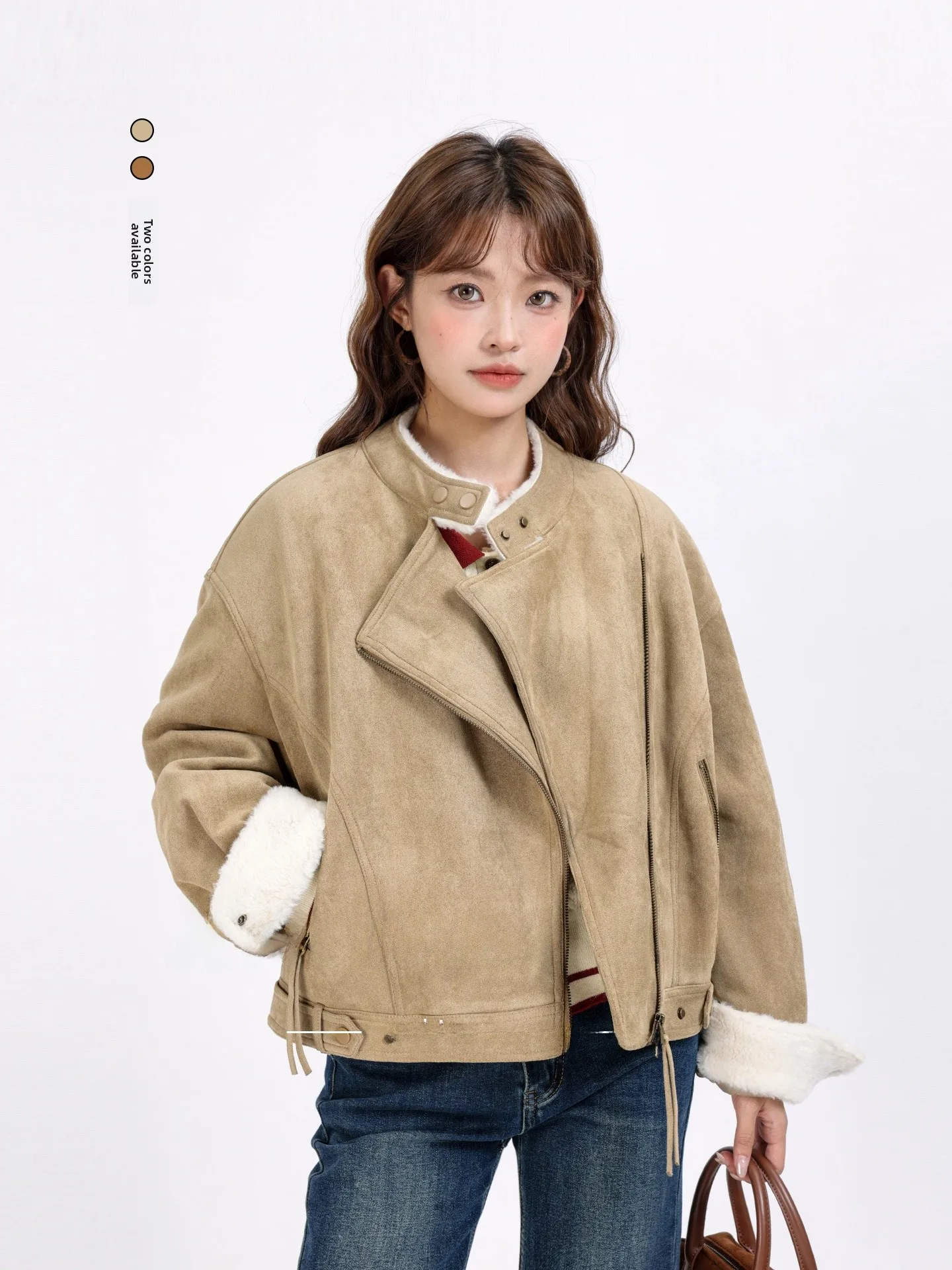 

Корейское ретро-молния цвета хаки с боковой молнией, дизайн из замши на подкладке, зимнее пальто небольшого размера, универсальное женское пальто Ele