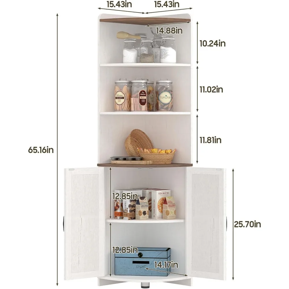 Угловой шкаф высотой 65,16 дюйма, угловой шкаф для хранения в фермерском доме с 2 дверцами и 6 полками для хранения, угловой книжный шкаф с дверью сарая