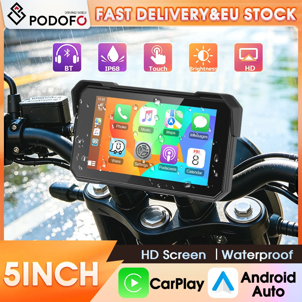 Podofo Moniteur tactile HD étanche pour moto de 5 pouces, écran de navigation intelligent portable, lecteur multimédia sans fil Carplay Android Auto pour système de divertissement pour moto