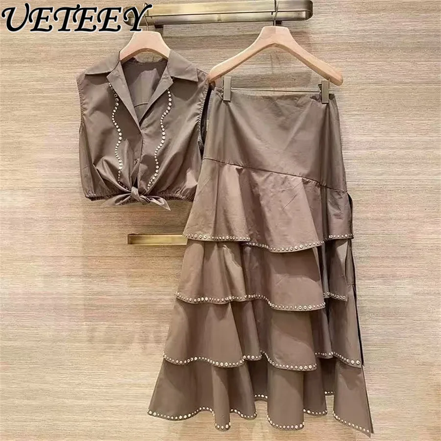 

French-style Niche Shirt 2026 Spring Heavy Rhinestone Embellished Knotted Waist Sleeveless Shirt Top and Cake Long Skirt Set