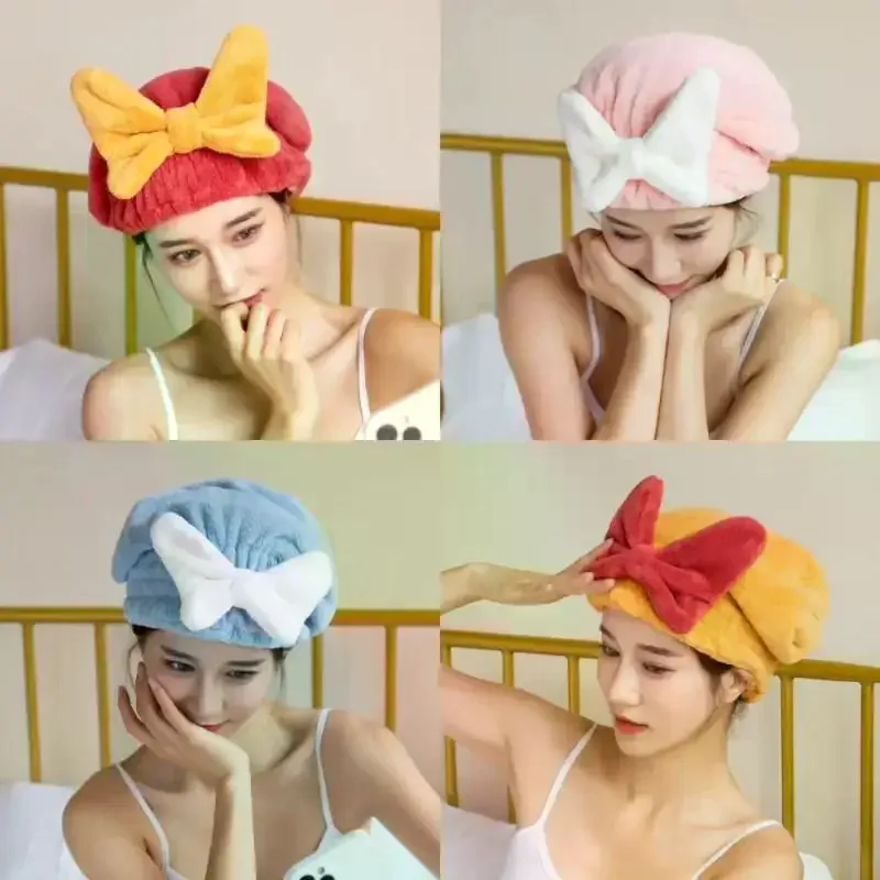 قبعة منشفة شعر من الألياف الدقيقة للنساء والفتيات، شعر سريع الجفاف، عمامة للاستحمام، لفافة شعر ناعمة مع فيونكة فراشة لطيفة #3