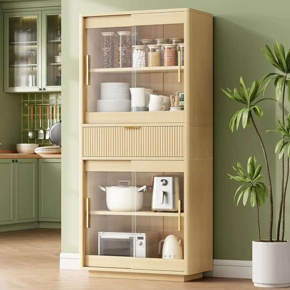 

69 Sliding Glass Door Tall Kitchen Pantry, Adjustable Shelve Wood Bookcase, Natural Dining Room Display Cabinet