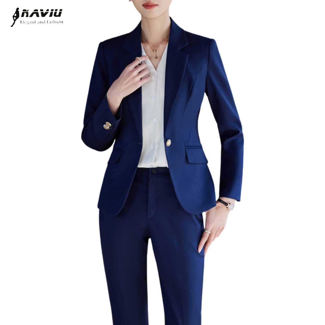 

NAVIU Navy Blue Pant Suits Women Fashion Temperament Professional Slim Long Sleeve Blazer And Trousers Office Ladies Work Wear