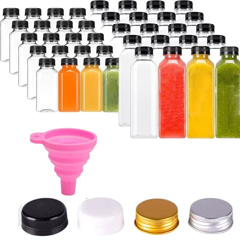 10pcs 60ML-500ML Clear Empty Plastic Juice Bottles with Caps Reusable Water Bottle Juicing Smoothie Containers W/ Funnel