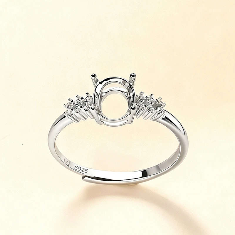 

925 Sterling Silver Women Engagement Wedding Ring 5x7mm Oval Cut Cabochon Semi Mount Ring Gemstone Setting CZ