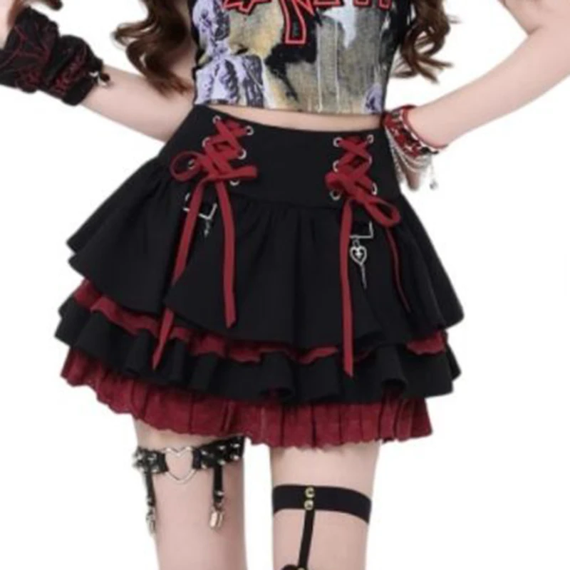 Korean Y2K Subculture Skirts for Women Lace Up Hotsweet Streetwear Mini Skirts High Waist A Line High Street Female Cake Skirts