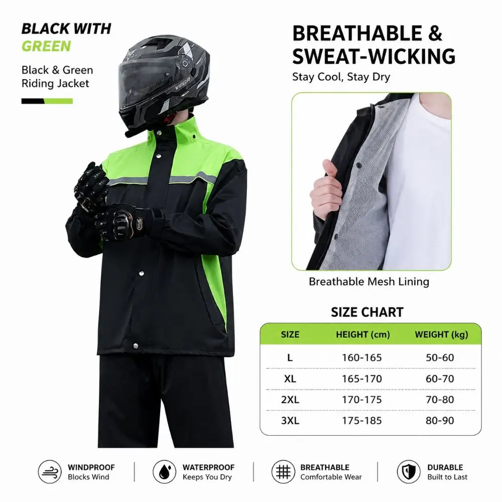 Reflective Motor Vehicle Riding Raincoat Breathable Rainstorm Prevention Raincoat Rain Pants Set Full Body Green