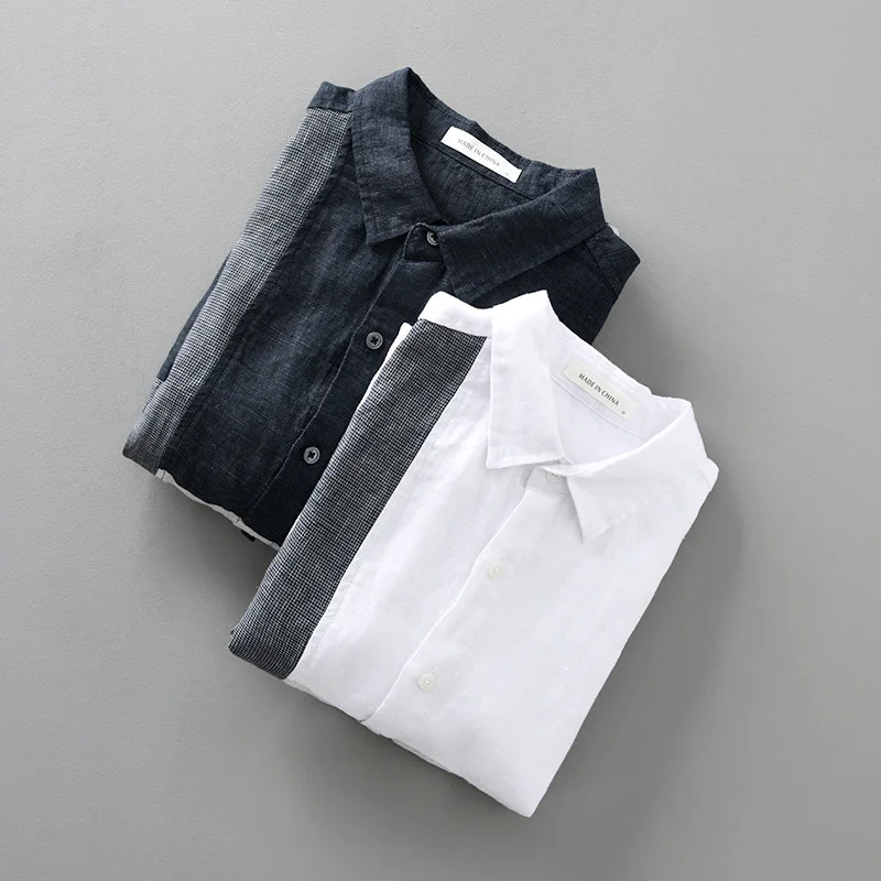 2023 Korean Style New Men's Pocket Patchwork Linen100% Shirts Long Sleeve Loose Casual Men High Street Breathable Thin Clothes
