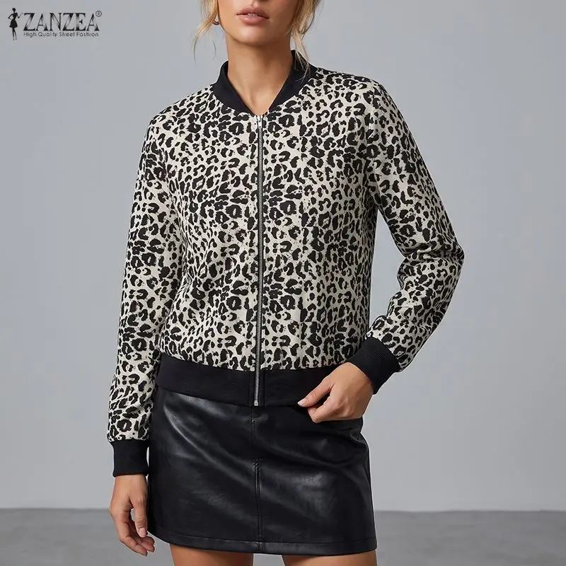 Elegant ZANZEA Women Jackets Leopard Print Zip Up Bomber Jackets Long Sleeve Autumn Casual Thin Coat Tops Streetwear Blusas