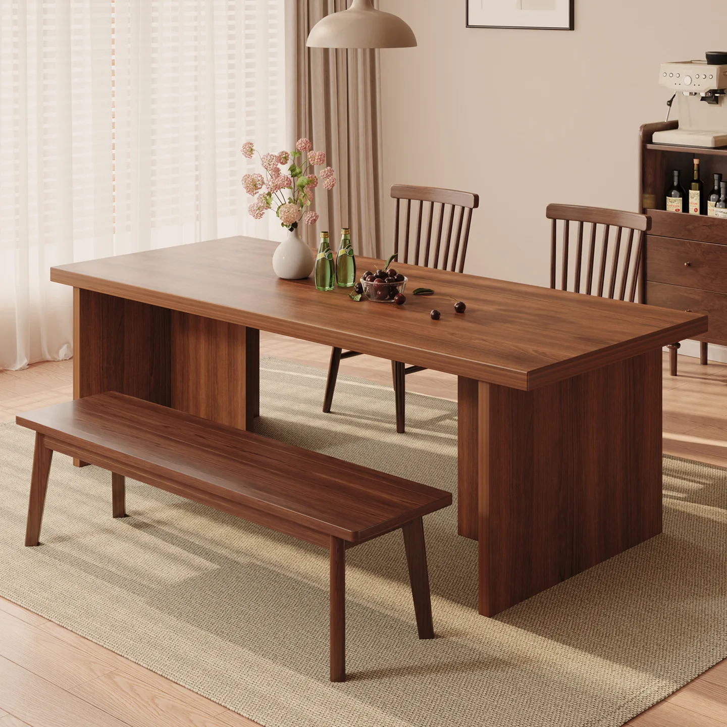 Retro dining table Home dining table Walnut color rectangular large board  Small apartment table and chair combination