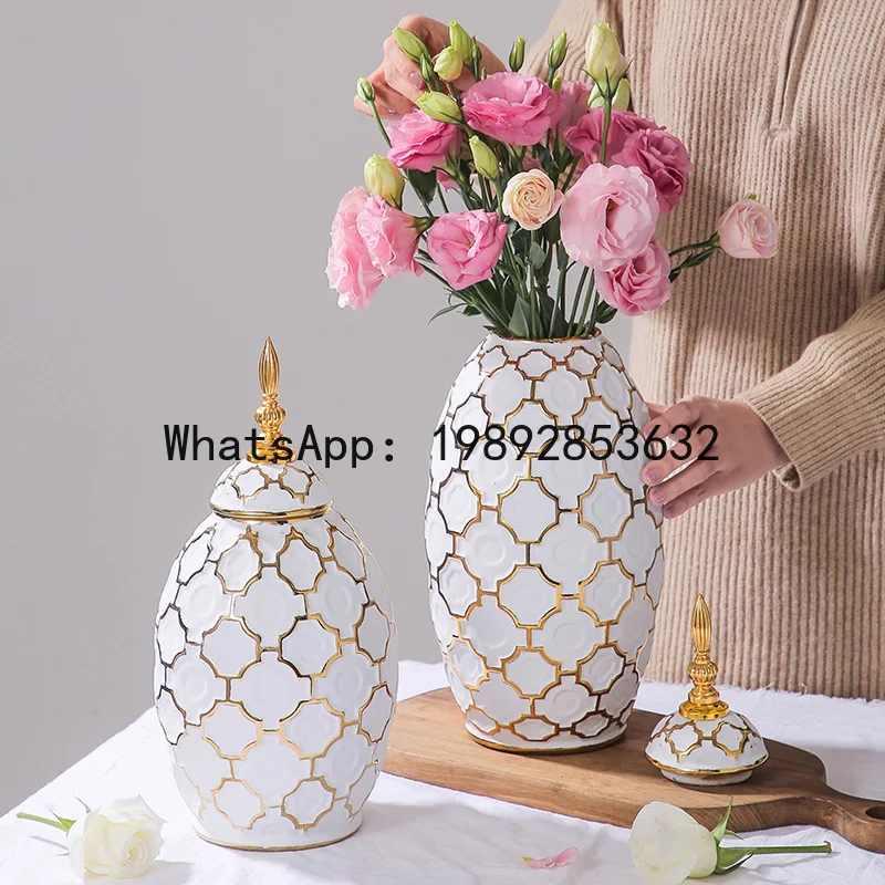 

Ceramic Checkmate Jar Ginger Jar Flower Vase Plaid Gold Storage Tank Porcelain Bottle Home Decoration Accessories