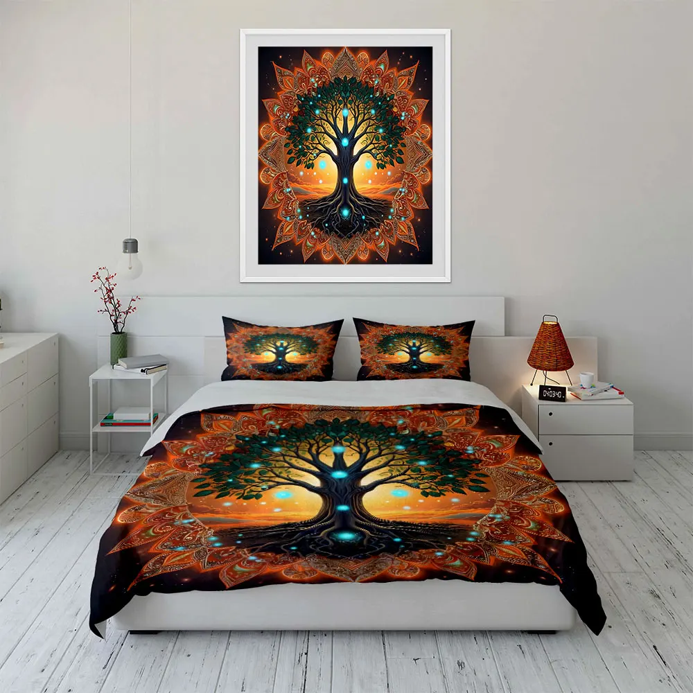 Mystical Glowing Tree with Mandala Decor Pattern Duvet Cover Set Digital Print Colorful Polyester Bedding with Zipper Closur 4