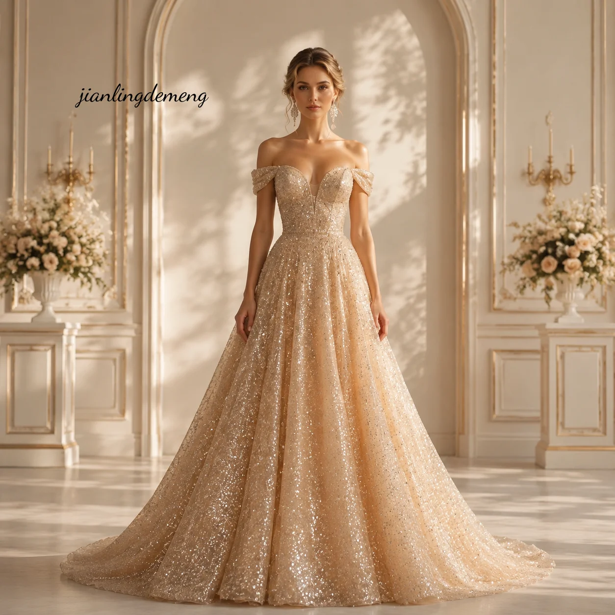 Royal Luxury Champagne Gold Wedding Gown Floor Off Shoulder Bridal Gala Sparkly Sequin Tulle Women Prom Evening Customized