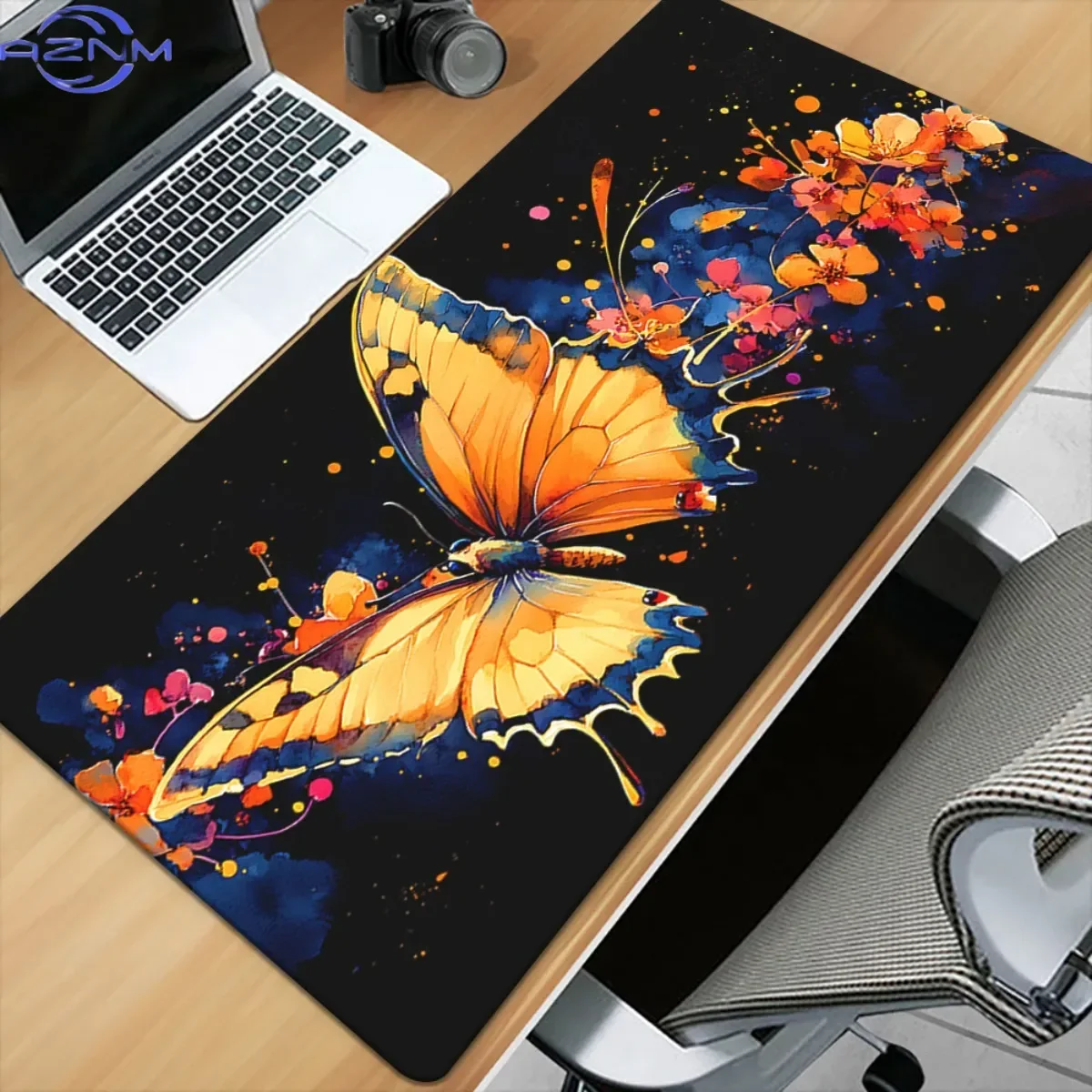 Golden Yellow Butterfly Watercolor Art Mouse Pad, Black Base Splash Ink Flower Design Waterproof Stitched Edge Aesthetic Desk De