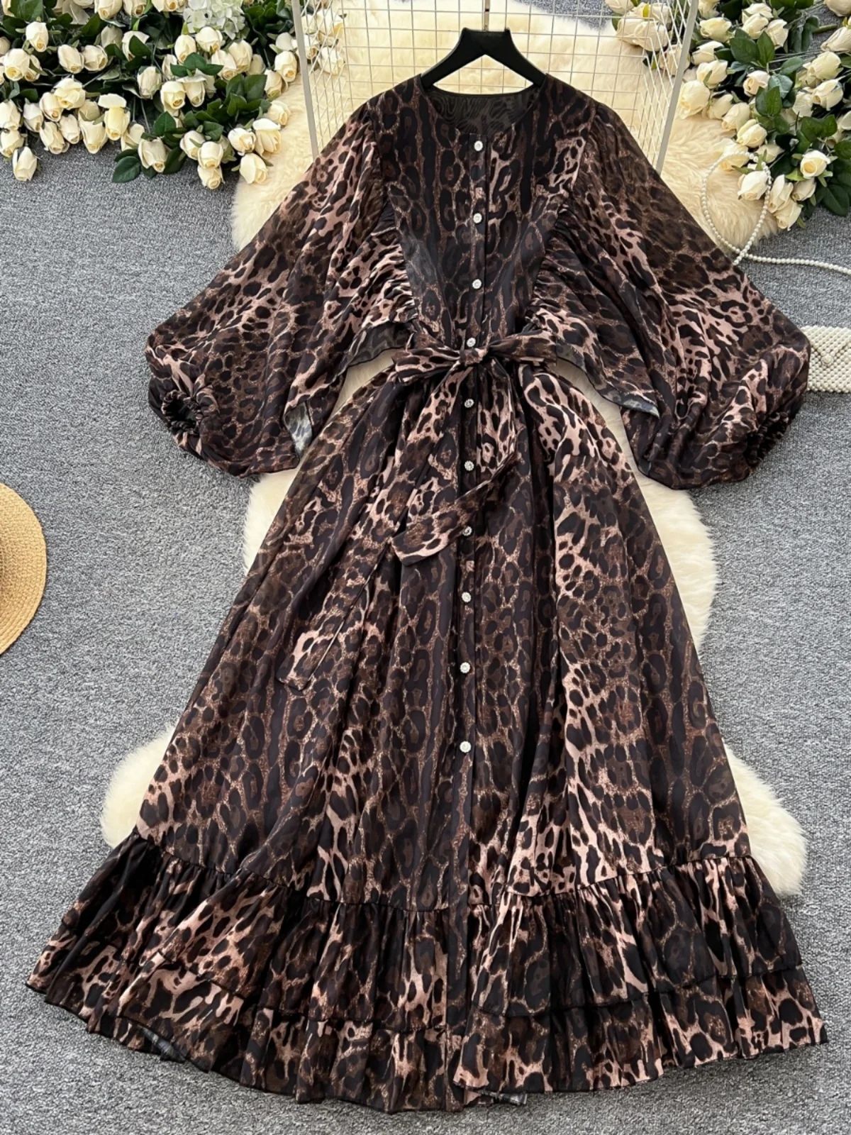 

Korean Style High Waist Long Sleeve Lantern Sleeve Single Button Women's Dress Belted Waist Gored Skirt mid Length A-Line Dress