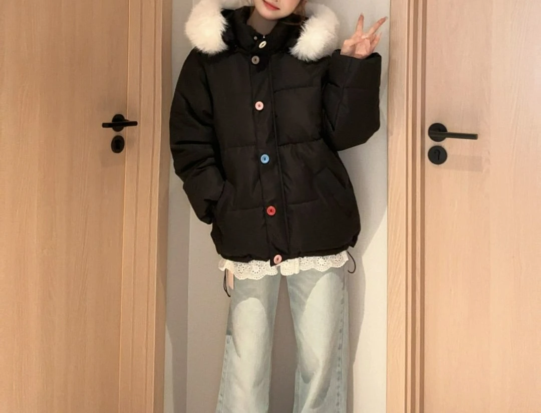 

Pink Big Fur Collar Colorful Button Cotton Jacket for Women Winter 2025 New Autumn Winter Cotton Coat Warm Puffer Jacket