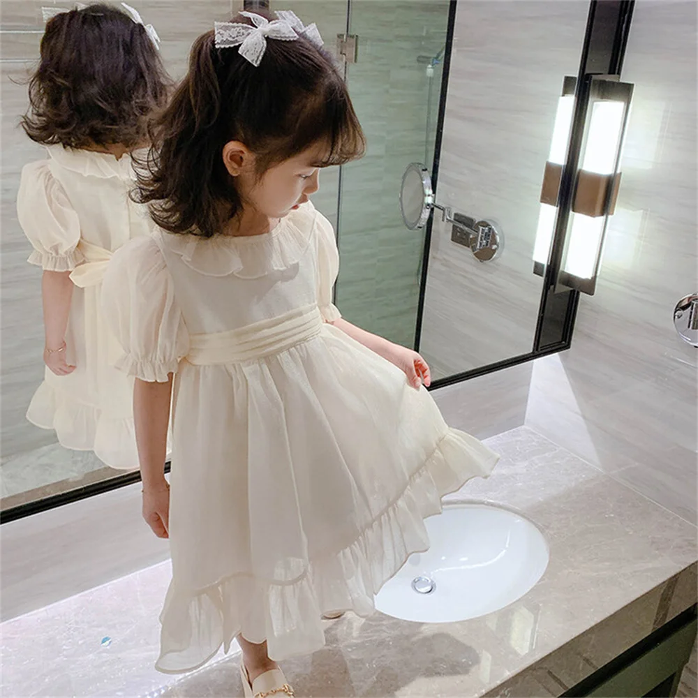 

Summer Girl's Dress Children's Bubble Sleeve Dress For Girls Ruffle Edge Fluffy Skirt Princess Skirt