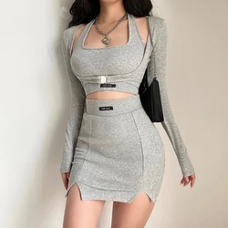 3 Pieces Sets Women Casual Sportswear 2024 New Sexy Sweet Halterneck Tank+Long Sleeve Crop Tops And Tight Slitp Mini Skirts Set