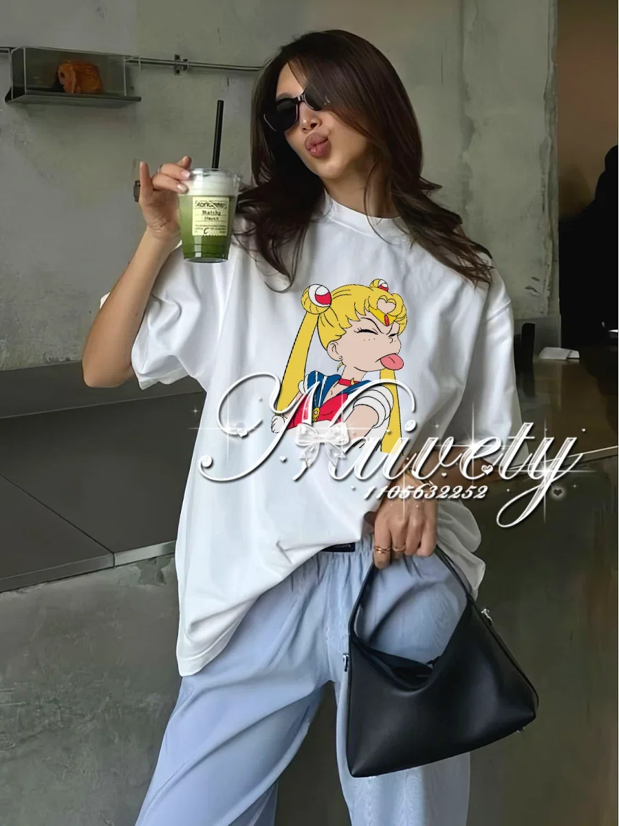 Camiseta de Verano 2026 de Alta Calidad con Estampado de Anime Sailor Moon, Estilo Y2K, Holgada, Informal, para Hombres, Mujeres y Niños, Ropa Deportiva Diaria