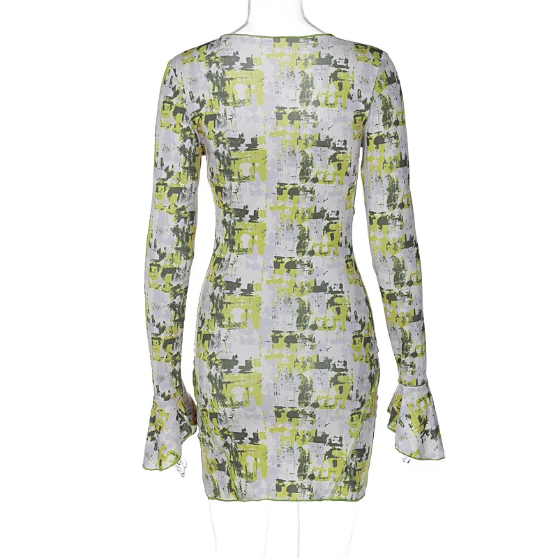 Robe rétro à imprimé floral pour femmes, Sexy, Y2K, décolleté en V profond, épissure, manches longues, bord à volants, Style court, enveloppant les hanches, nouvelle collection 2025