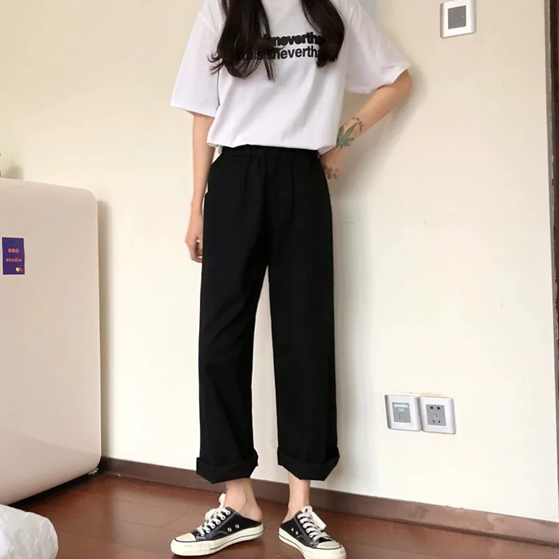 Korean Style Retro Pants Women Loose Casual Solid Color Straight Ankle-length Trousers Office Lady Versatile Sweatpants Female