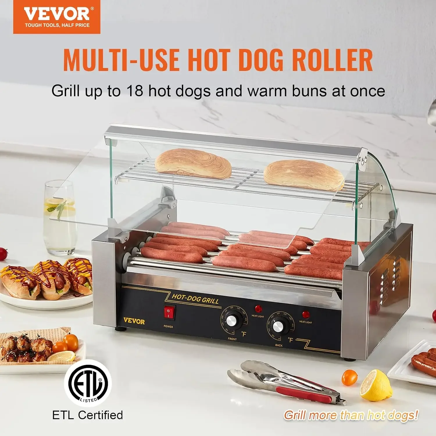 Hot Dog Roller 7 Rollers 18 Hot Dogs Capacity 1050W Stainless Sausage Grill Cooker Machine with Dual Temp Control Glass Hood Acr