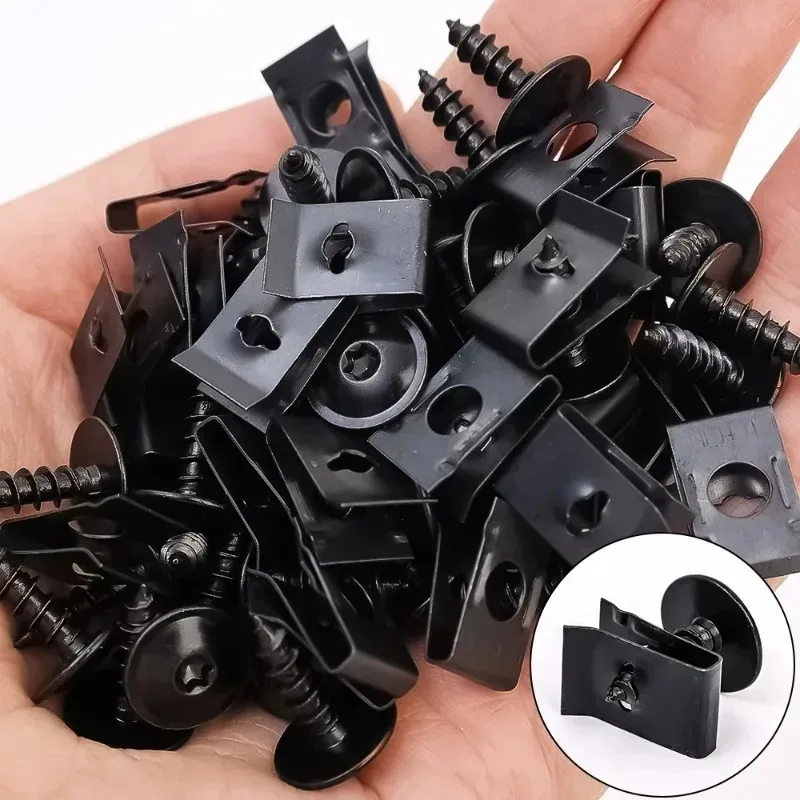 20-80pcs Car Motorcycles Anti-rust Metal U-Type Clip with Screw Tapping Fastener Clip Protection Leaf Board Buckle Screws