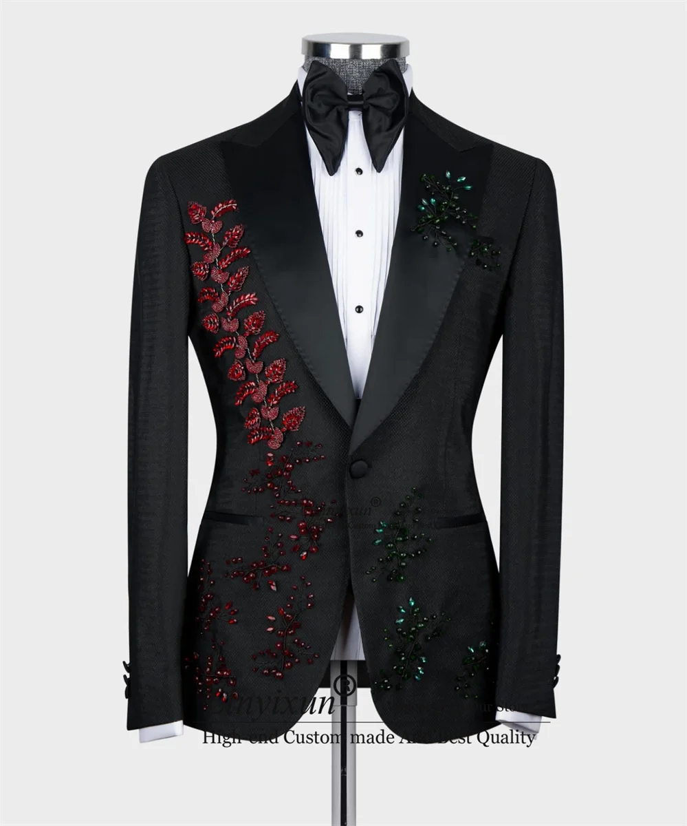 Shiny Beaded Men Suits Peaked Lapel Groom Wedding Tuxedos 3 Pieces Sets Business Male Prom Blazers Slim Fit Trajes Para Hombre