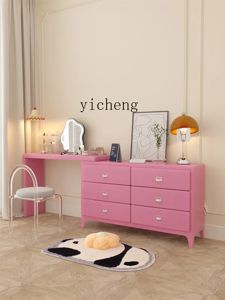 LYY  Dresser Dopamine Girl Pink Master Bedroom Solid Wood Makeup Table Tailstock Storage All-in-One Cabinet