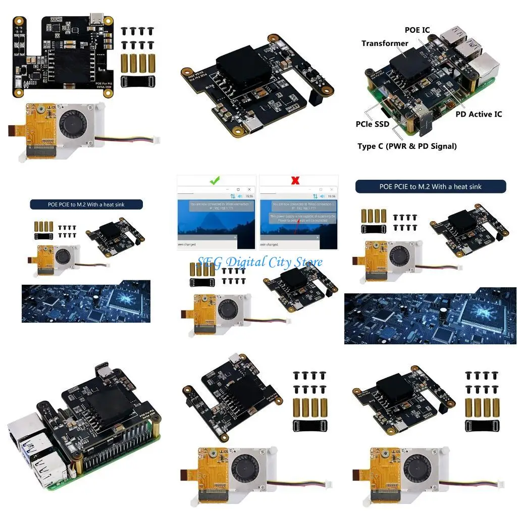 

U75B Ethernet PCIe M.2 NVMe SSD Adapter Board For RPI 5 Expansion With Active Cooling Heatsink Type C Connection