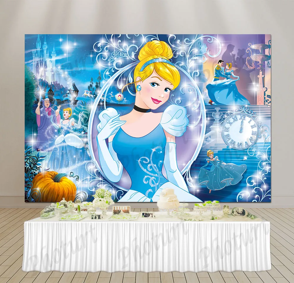 Princess Cinderella Backdrop Girl Birthday Party Photo Background Disneyland Blue Castle Polyester Vinyl Decoration Props