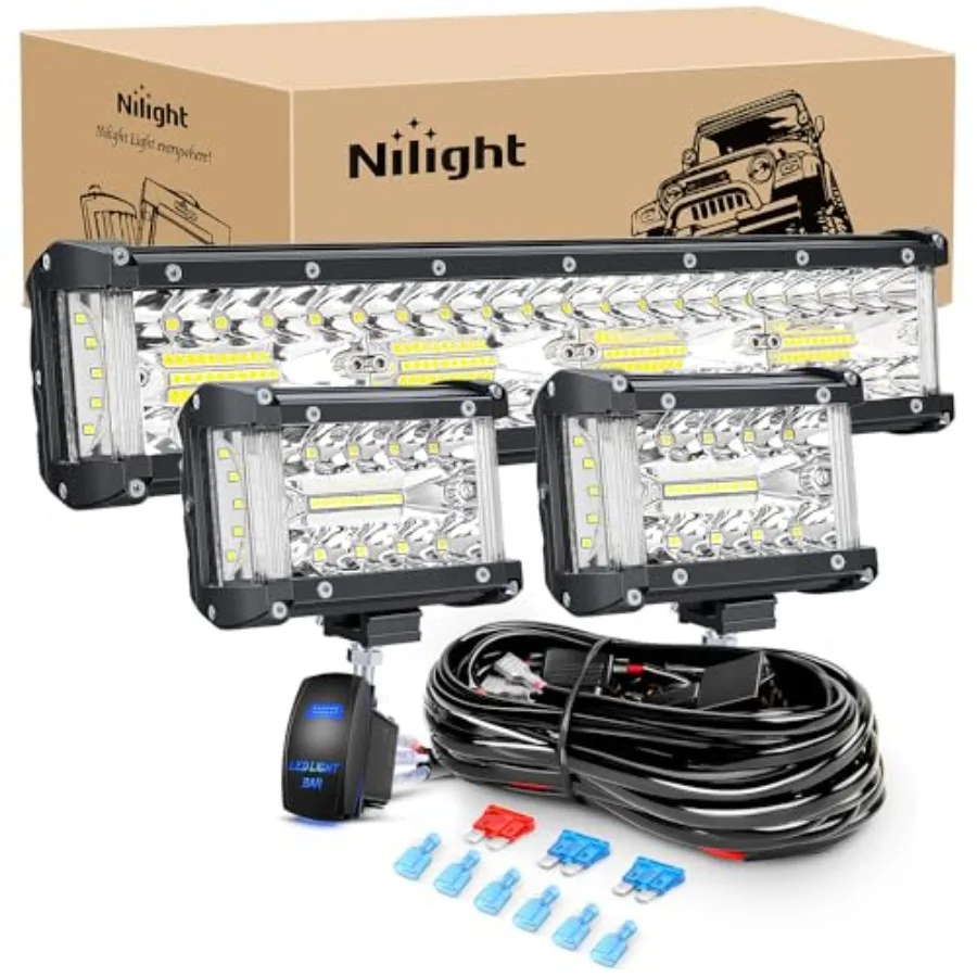 Side Shooter LED Set 12 Inch Triple Row Spot Flood Combo s 2PCS 4.3Inch Pods with 5Pin Rocker Switch Wiring Harness Kit for Off