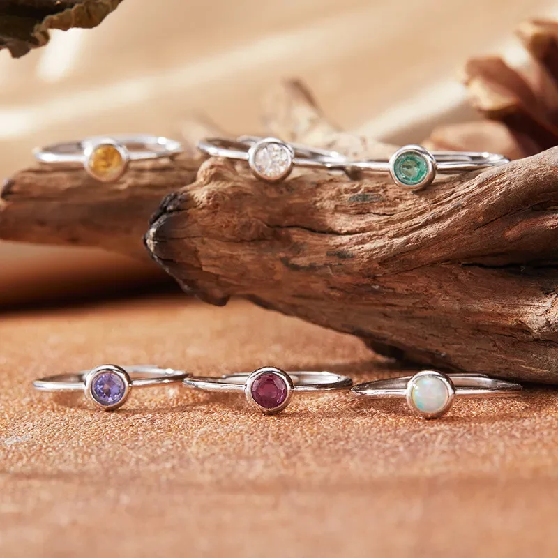 12 Birthstone Natural Sapphire Ruby Tanzanian Opal Color Treasure Ring Women's S925 Sterling Silver Simple Index Finger Ring