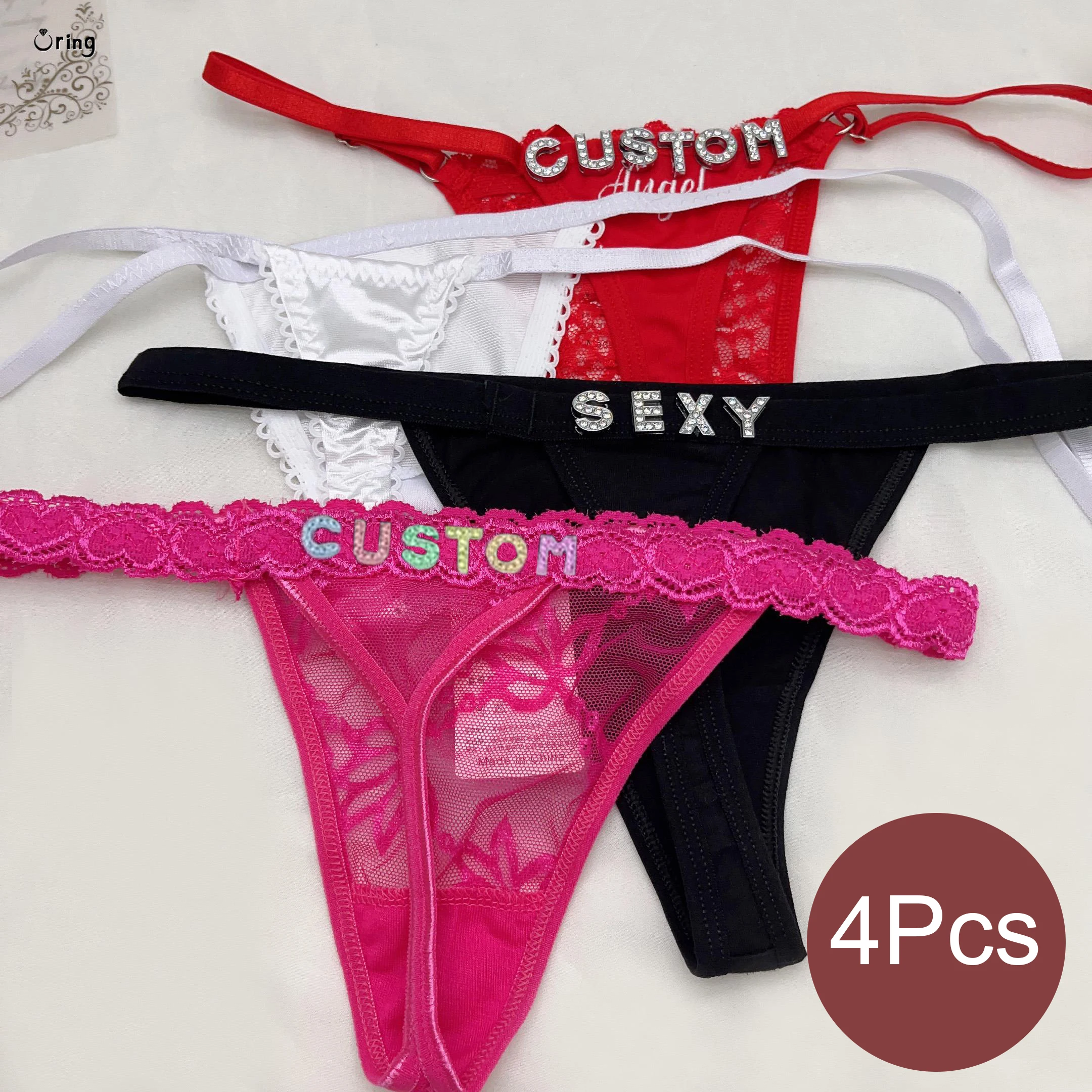 4Pcs Custom Thongs With Name Crystal Letters Women G-string Erotic Briefs Underwear Body Chains Jewelry Lingeries