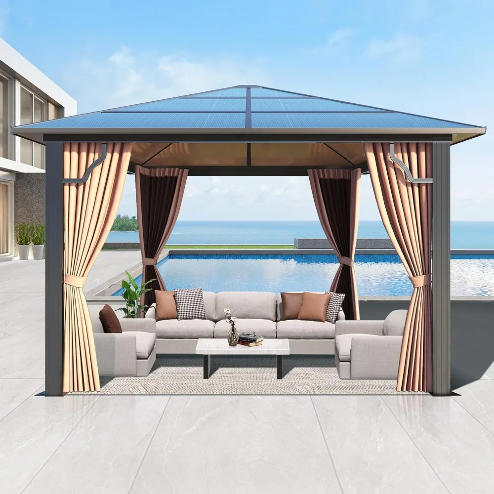 Polycarbonate Hardtop Gazebo,Sunroom Aluminum Frame Permanent Pavilion with Double Curtains for Garden,Lawn,Backyard Deck