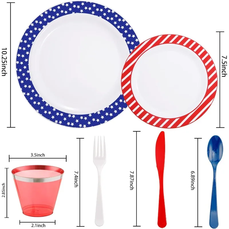 180pcs American Flag Dinnerware, Red White Blue Plastic Silverware for Independence Day,Include Dinner Plates,Dessert Plates