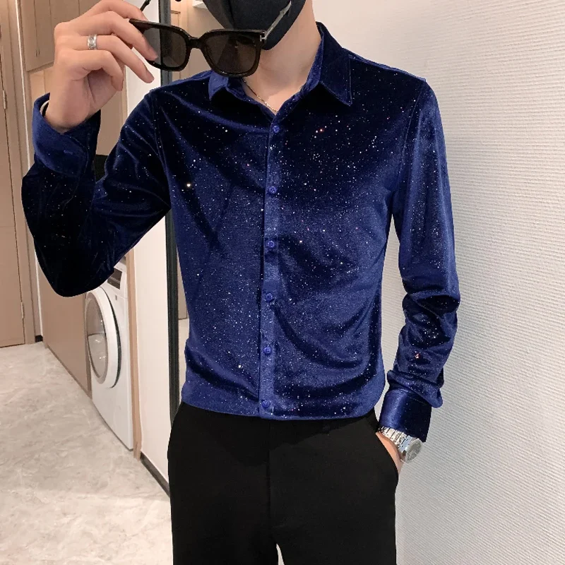 Spring Velvet Mens Multicolor Sequins Shirt Tops Fashion Turndown Collar Long Sleeved Chemise Homme De Luxe Slim Club Blouse Men