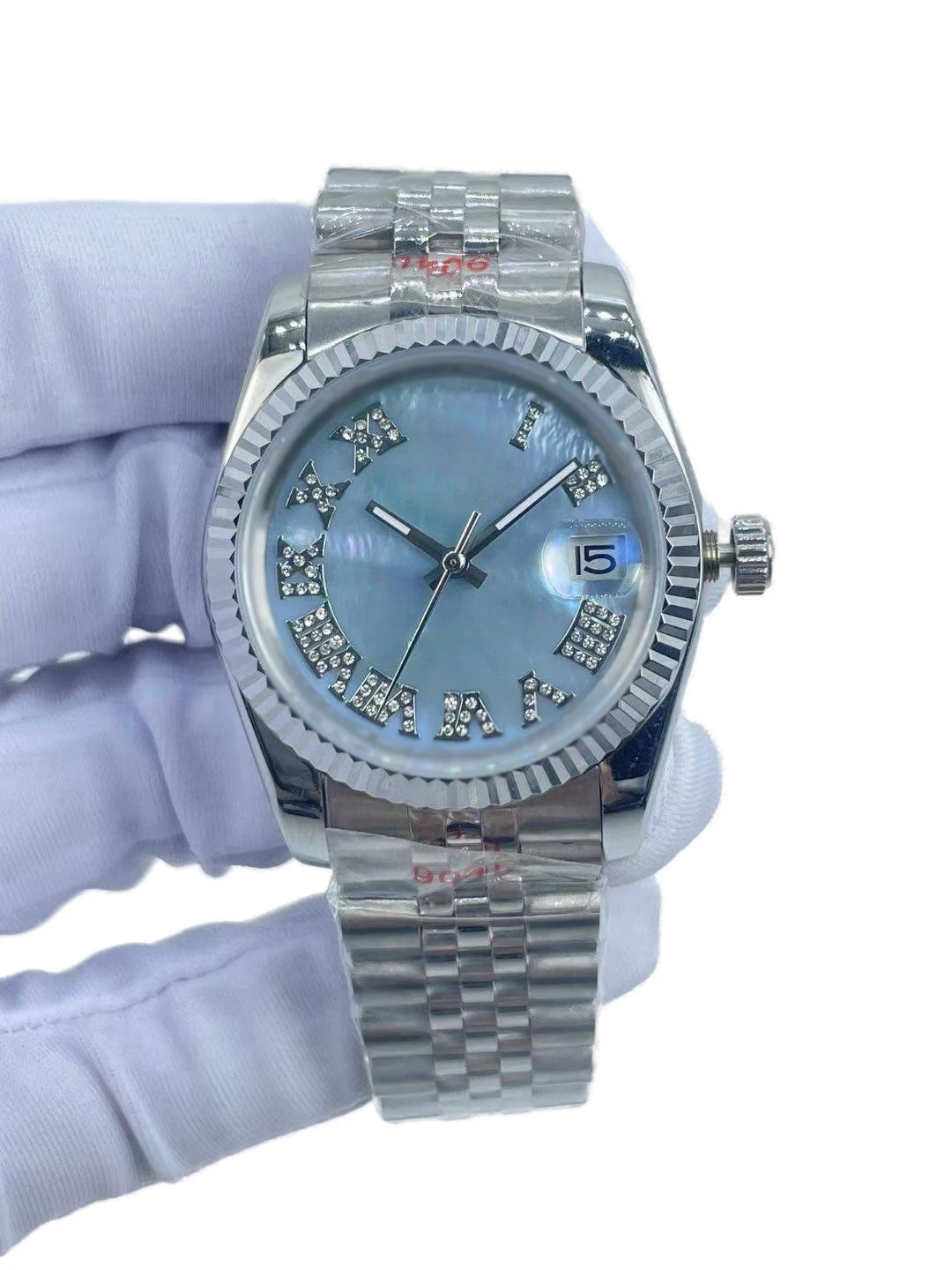 Women\'s 36mm Diamond Waterproof Watch with Calendar Window and Steel Bracelet