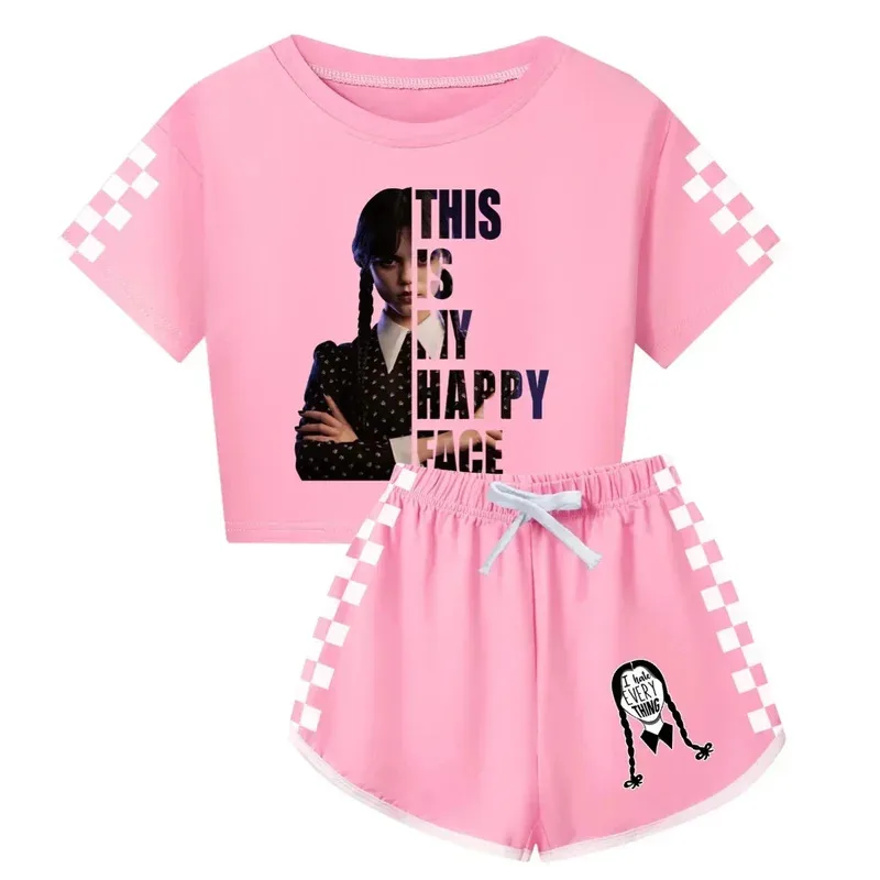 Lyou 2025 الأربعاء طفل نصف الجسم منامة مجموعات قصيرة الأكمام تي شيرت + شورت ملابس الصيف الفتيات ملابس رياضية Chee ★ ★ ★   كك.