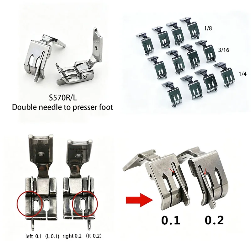S570R S570L Double Needle Edge Guide Presser Foot 0.1/0.2 Left/Right Stop Presser Foot for Industrial Sewing Machine Brother