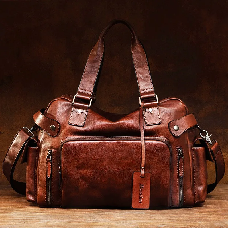 Vintage vegetable tanned leather eraser men's bag, casual shoulder bag, hand-held travel bag, luggage bag, fitness backpack