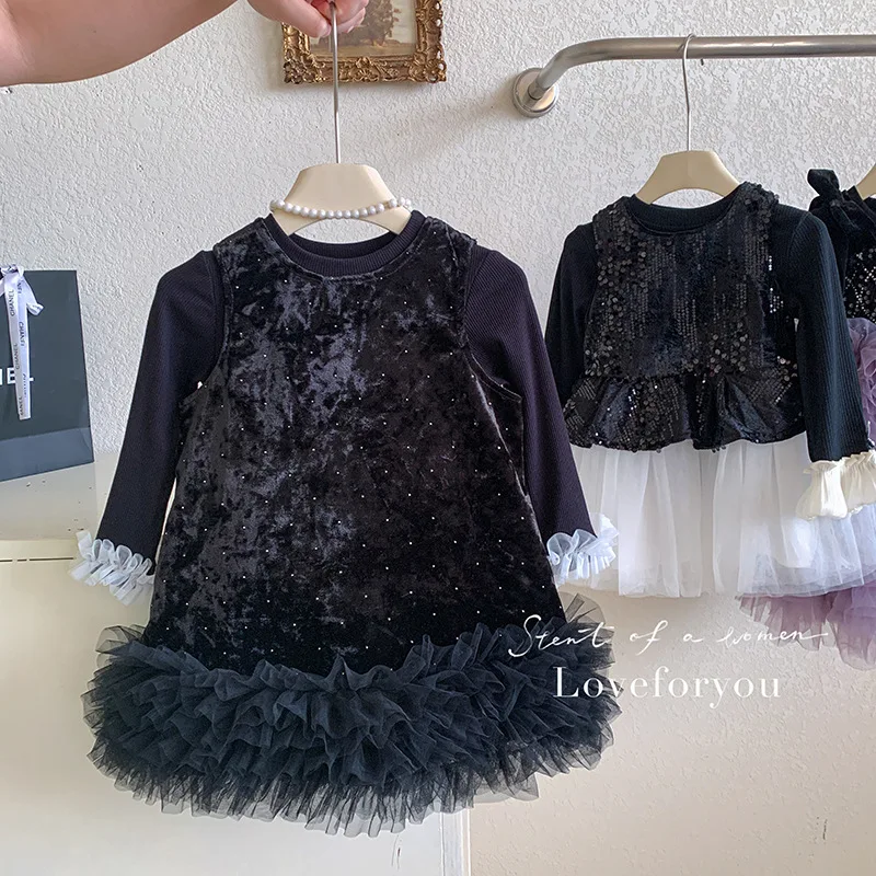 فستان مخملي للفتيات لخريف 2025، الطبعة الكورية الجديدة، تنورة بدون أكمام للفتيات، طقم مكون من قطعتين