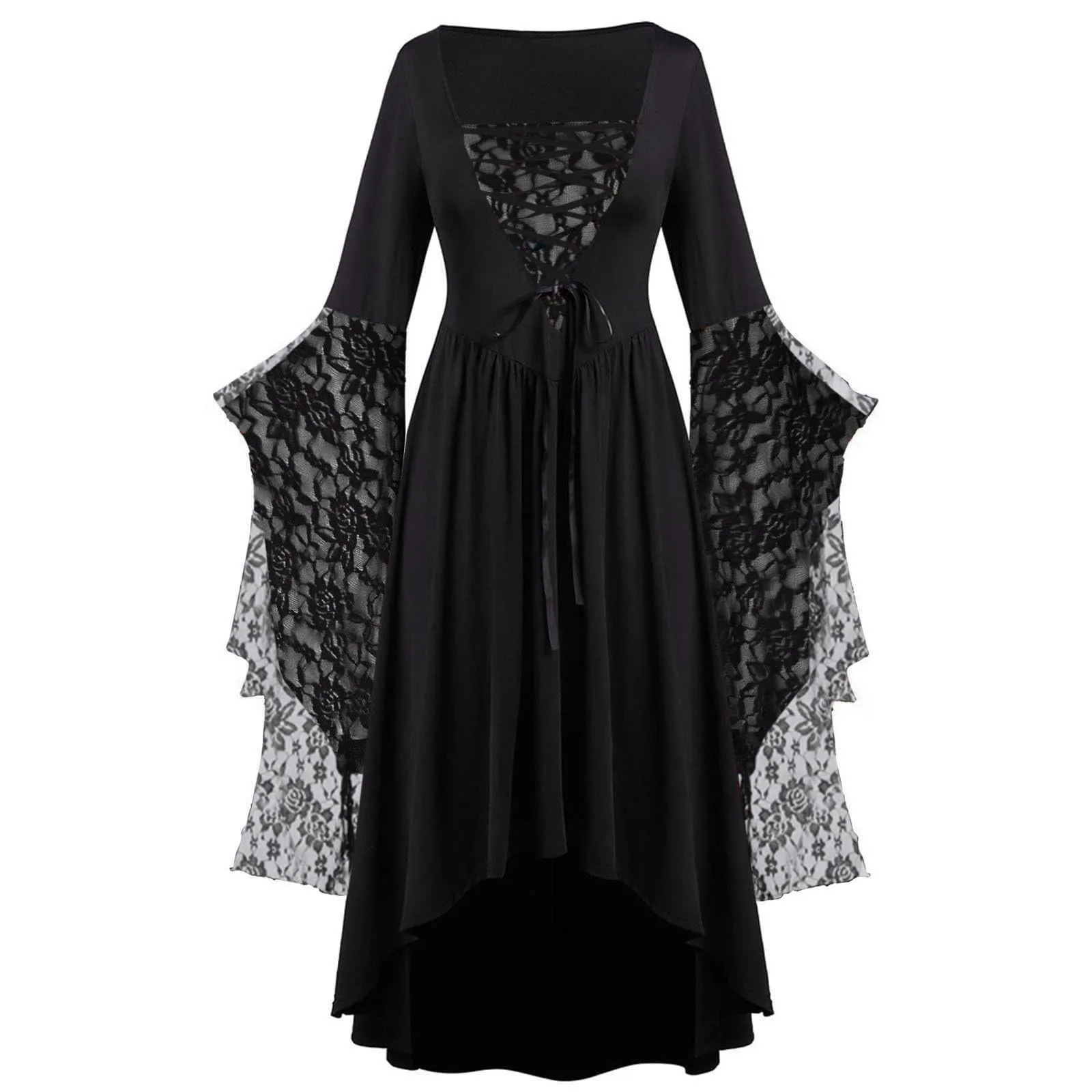 Gothic Halloween Vintage Damenkleider mit ausgestellten Ärmeln, lang, Übergröße, Hexen-Vampir-Kleid mit Netzstoff und Ausschnitten, Rave-Party-Bühnenrequisiten – Detail 5